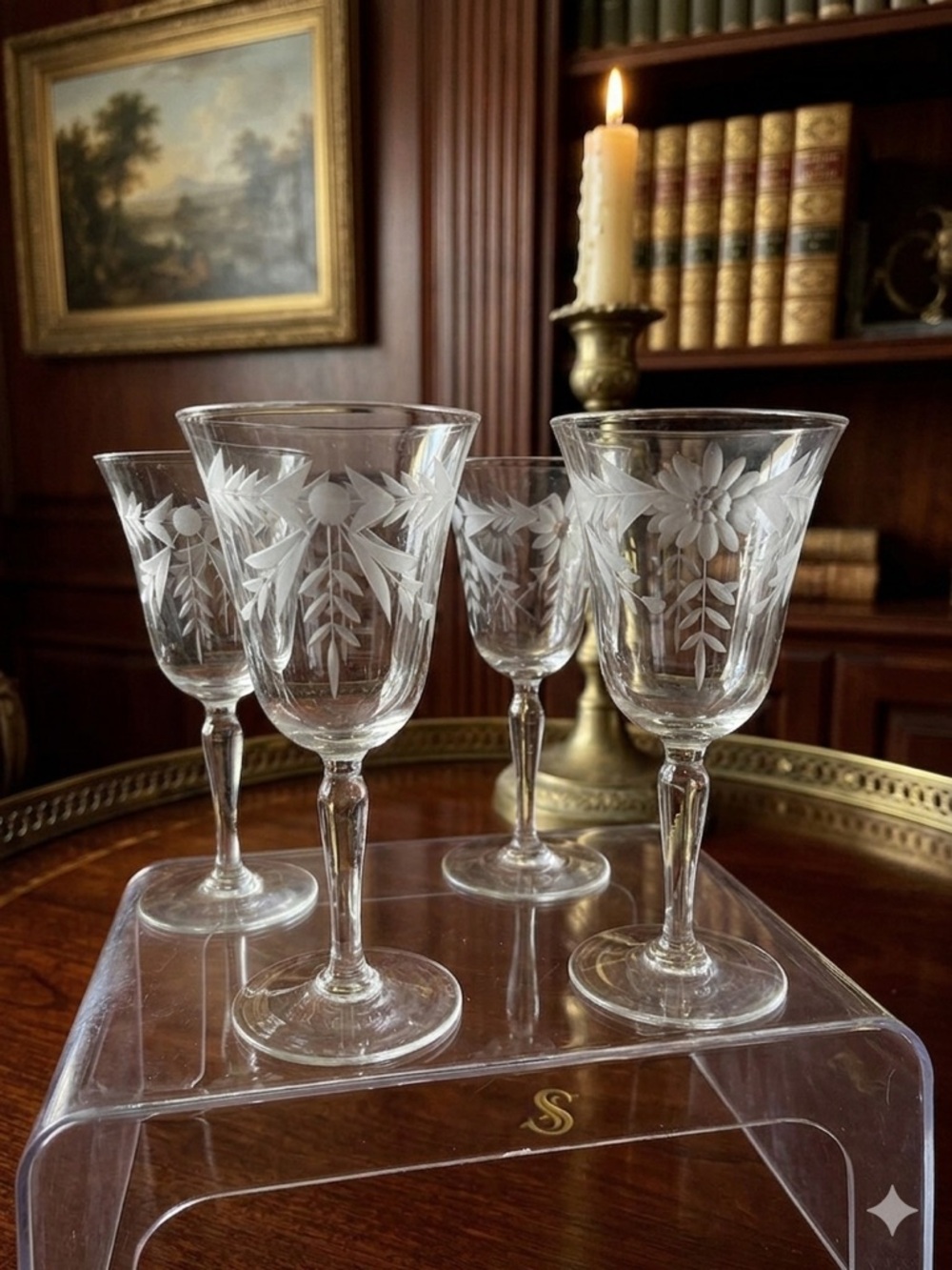 Vintage Elegant Floral and Bow Etched Wine / Cordial Glasses - Set Of Four (6”)